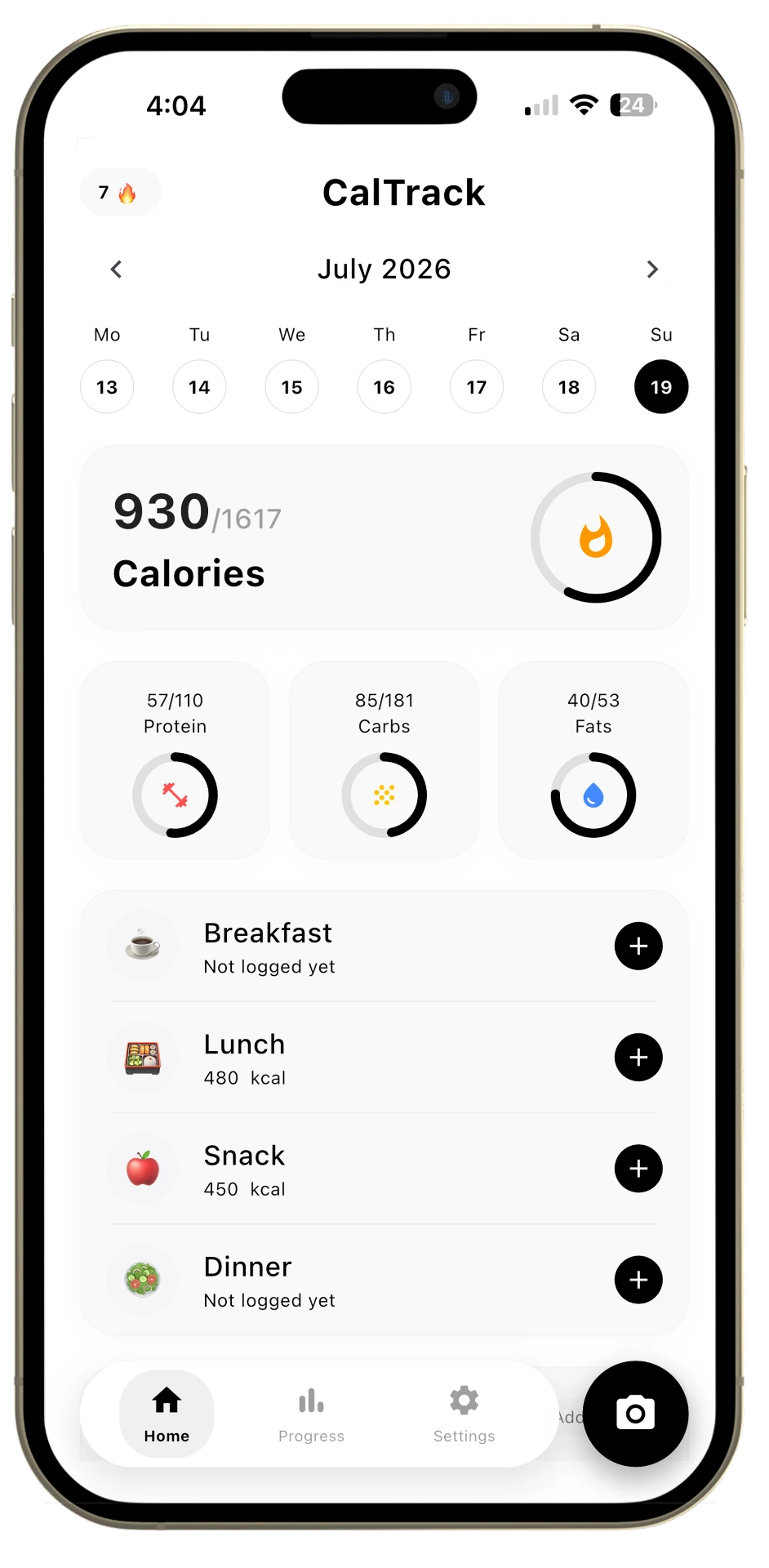 CalTrack home screen showing daily calories, macros and logged meals
